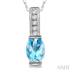 8x6 MM Oval Shape Aquamarine and 1/10 Ctw Diamond Pendant in 14K White Gold with Chain