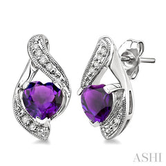 6 MM Heart Shape Amethyst and 1/20 Ctw Round Cut Diamond Semi-Precious Earrings in 14K White Gold
