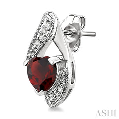 6x6 MM Heart Shape Garnet and 1/20 Ctw Round Cut Diamond Semi-Precious Earrings in 14K White Gold