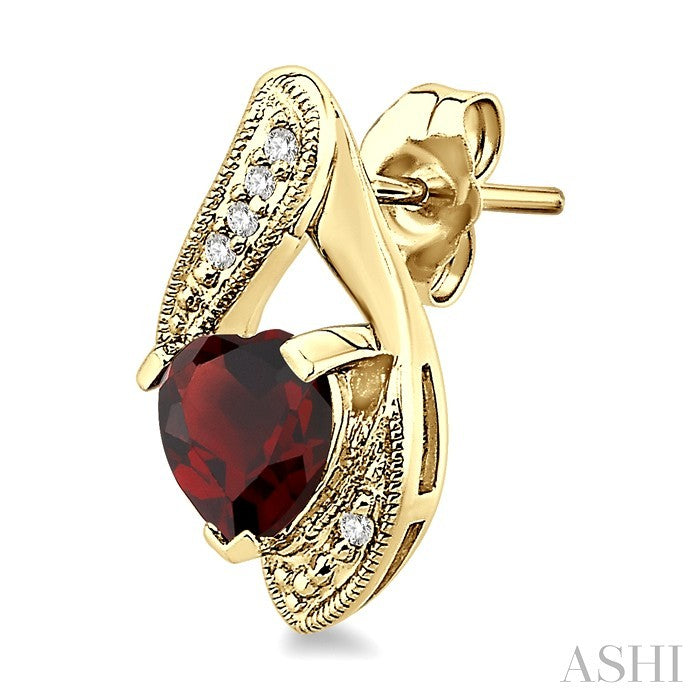 6x6 MM Heart Shape Garnet and 1/20 Ctw Round Cut Diamond Semi-Precious Earrings in 14K Yellow Gold