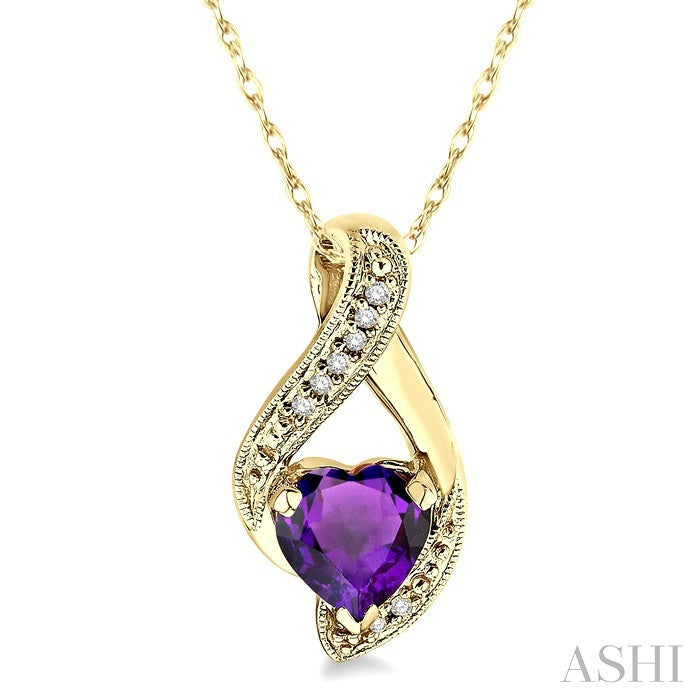 7 MM Heart Shape Amethyst and 1/20 Ctw Round Cut Diamond Semi-Precious Pendant in 14K Yellow Gold with Chain