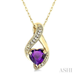 7 MM Heart Shape Amethyst and 1/20 Ctw Round Cut Diamond Semi-Precious Pendant in 14K Yellow Gold with Chain