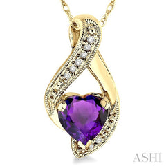 7 MM Heart Shape Amethyst and 1/20 Ctw Round Cut Diamond Semi-Precious Pendant in 14K Yellow Gold with Chain