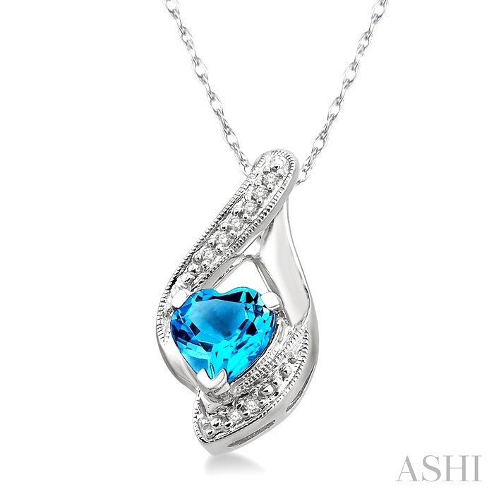 7 MM Heart Shape Blue Topaz and 1/20 Ctw Round Cut Diamond Semi-Precious Pendant in 14K White Gold with Chain