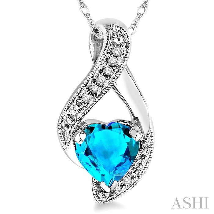 7 MM Heart Shape Blue Topaz and 1/20 Ctw Round Cut Diamond Semi-Precious Pendant in 14K White Gold with Chain