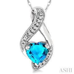 7 MM Heart Shape Blue Topaz and 1/20 Ctw Round Cut Diamond Semi-Precious Pendant in 14K White Gold with Chain