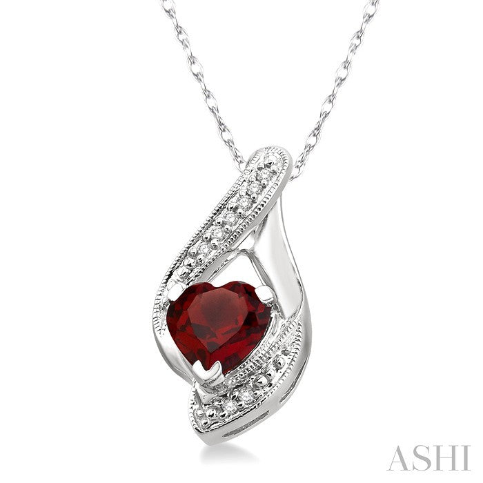 7 MM Heart Shape Garnet and 1/20 Ctw Round Cut Diamond Semi-Precious Pendant in 14K White Gold with Chain