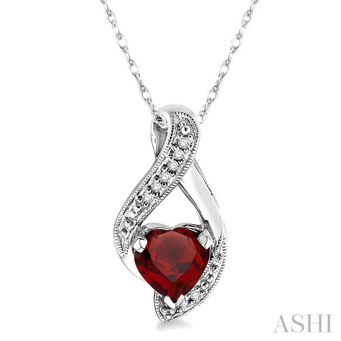 7 MM Heart Shape Garnet and 1/20 Ctw Round Cut Diamond Semi-Precious Pendant in 14K White Gold with Chain