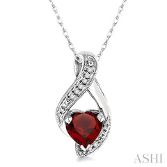 7 MM Heart Shape Garnet and 1/20 Ctw Round Cut Diamond Semi-Precious Pendant in 14K White Gold with Chain