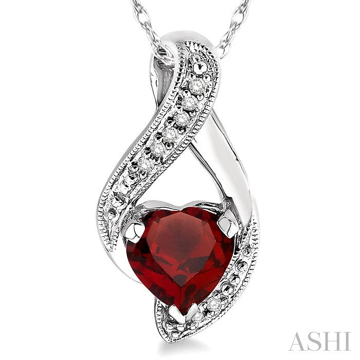 7 MM Heart Shape Garnet and 1/20 Ctw Round Cut Diamond Semi-Precious Pendant in 14K White Gold with Chain