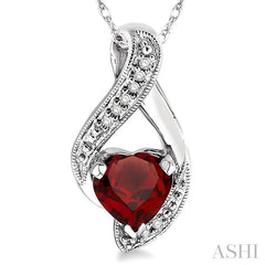 7 MM Heart Shape Garnet and 1/20 Ctw Round Cut Diamond Semi-Precious Pendant in 14K White Gold with Chain