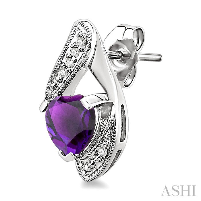 6 MM Heart Shape Amethyst and 1/20 Ctw Round Cut Diamond Semi-Precious Earrings in 10K White Gold