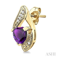 6x6 MM Heart Shape Amethyst and 1/20 Ctw Round Cut Diamond Semi-Precious Earrings in 10K Yellow Gold