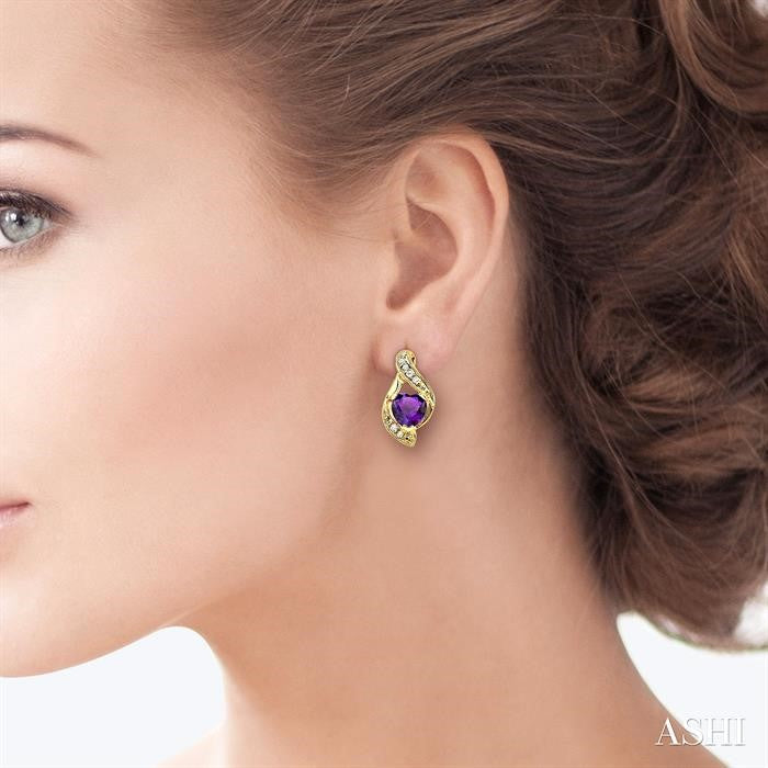 6x6 MM Heart Shape Amethyst and 1/20 Ctw Round Cut Diamond Semi-Precious Earrings in 10K Yellow Gold