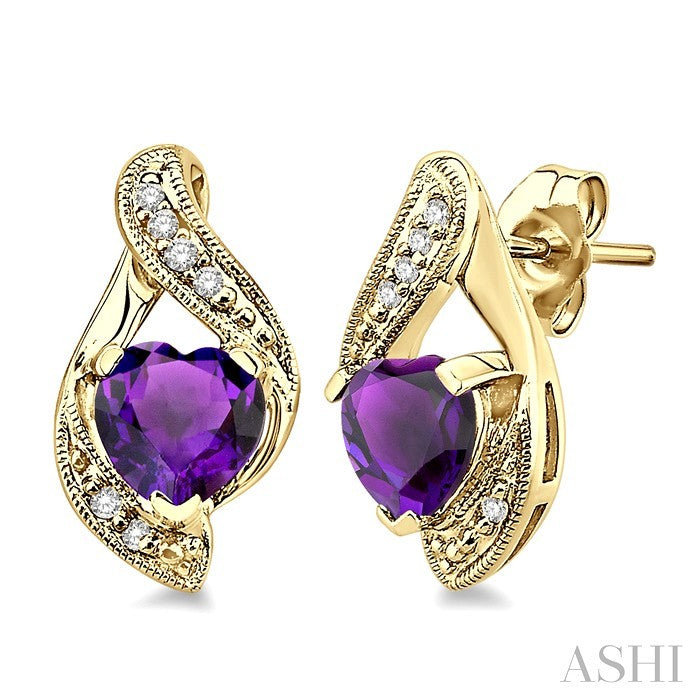 6x6 MM Heart Shape Amethyst and 1/20 Ctw Round Cut Diamond Semi-Precious Earrings in 10K Yellow Gold