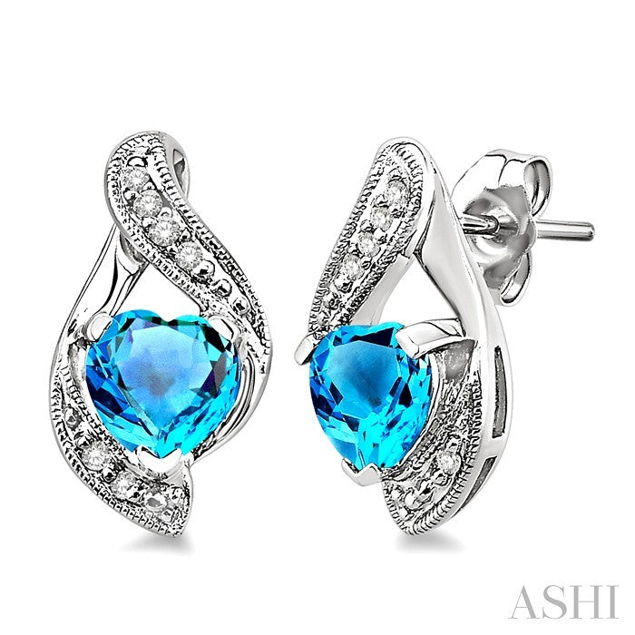 6x6 MM Heart Shape Blue Topaz and 1/20 Ctw Round Cut Diamond Semi-Precious Earrings in 10K White Gold