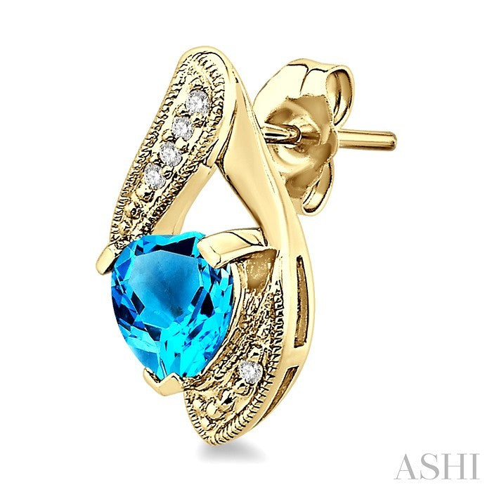 6x6 MM Heart Shape Blue Topaz and 1/20 Ctw Round Cut Diamond Semi-Precious Earrings in 10K Yellow Gold