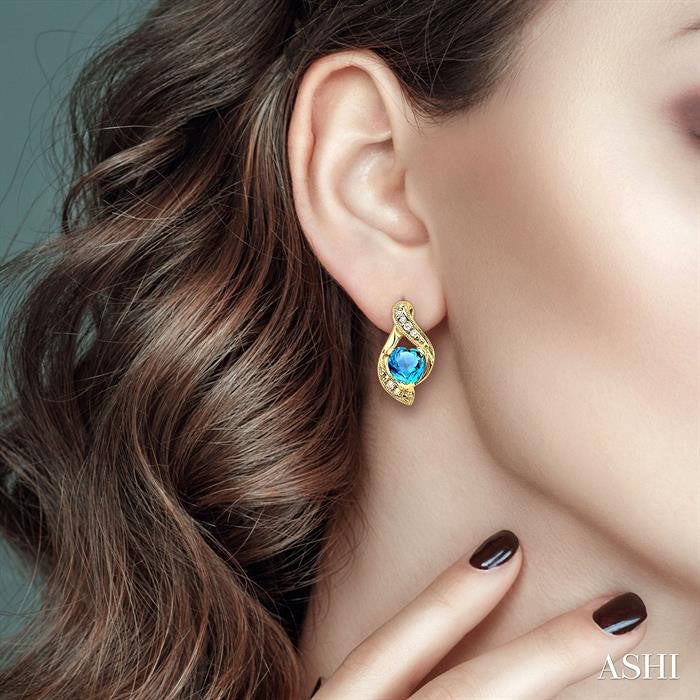 6x6 MM Heart Shape Blue Topaz and 1/20 Ctw Round Cut Diamond Semi-Precious Earrings in 10K Yellow Gold