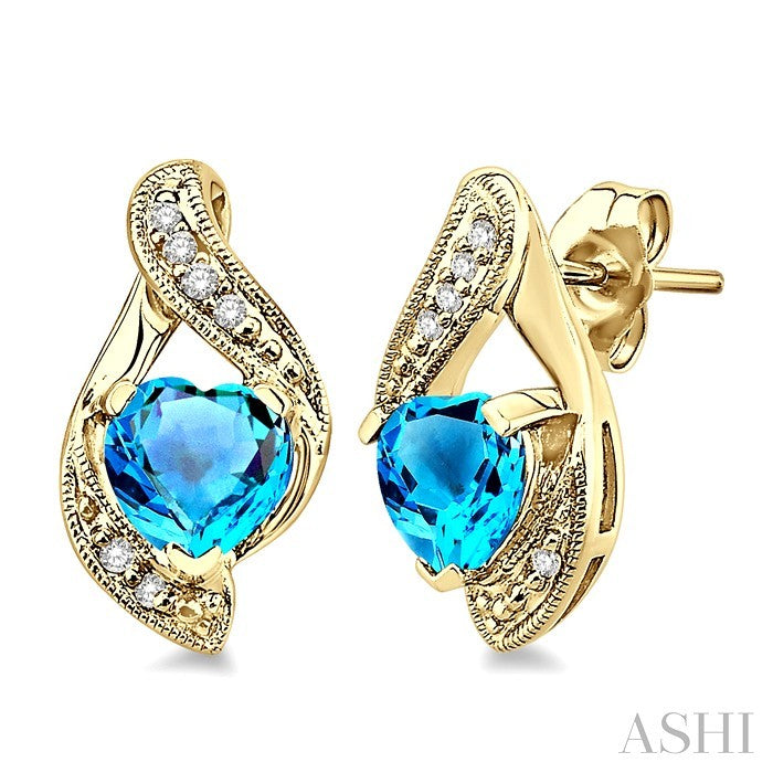 6x6 MM Heart Shape Blue Topaz and 1/20 Ctw Round Cut Diamond Semi-Precious Earrings in 10K Yellow Gold