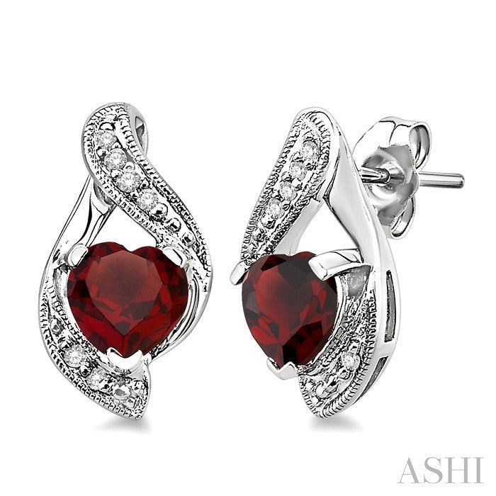 6x6 MM Heart Shape Garnet and 1/20 Ctw Round Cut Diamond Semi-Precious Earrings in 10K White Gold