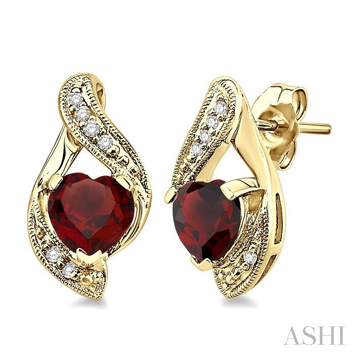 6x6 MM Heart Shape Garnet and 1/20 Ctw Round Cut Diamond Semi-Precious Earrings in 10K Yellow Gold