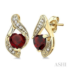 6x6 MM Heart Shape Garnet and 1/20 Ctw Round Cut Diamond Semi-Precious Earrings in 10K Yellow Gold