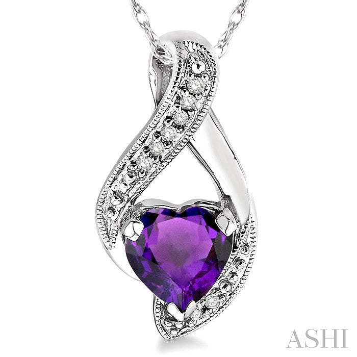 7 MM Heart Shape Amethyst and 1/20 Ctw Round Cut Diamond Semi-Precious Pendant in 10K White Gold with Chain