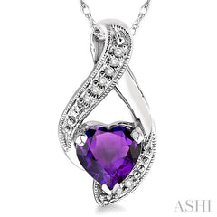 7 MM Heart Shape Amethyst and 1/20 Ctw Round Cut Diamond Semi-Precious Pendant in 10K White Gold with Chain