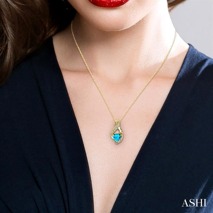 7 MM Heart Shape Blue Topaz and 1/20 Ctw Round Cut Diamond Semi-Precious Pendant in 10K Yellow Gold with Chain