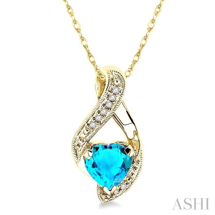 7 MM Heart Shape Blue Topaz and 1/20 Ctw Round Cut Diamond Semi-Precious Pendant in 10K Yellow Gold with Chain