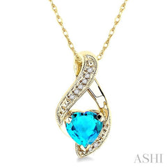 7 MM Heart Shape Blue Topaz and 1/20 Ctw Round Cut Diamond Semi-Precious Pendant in 10K Yellow Gold with Chain