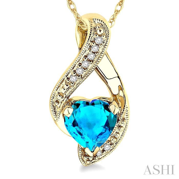 7 MM Heart Shape Blue Topaz and 1/20 Ctw Round Cut Diamond Semi-Precious Pendant in 10K Yellow Gold with Chain