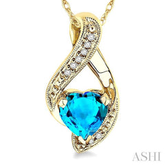 7 MM Heart Shape Blue Topaz and 1/20 Ctw Round Cut Diamond Semi-Precious Pendant in 10K Yellow Gold with Chain