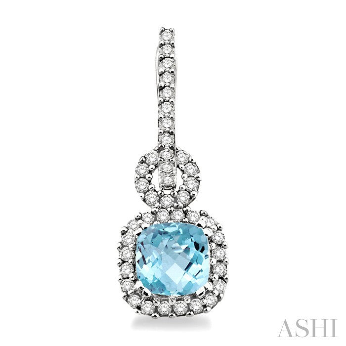 6 MM Cushion Shape Aquamarine and 1/2 Ctw Round Cut Diamond Earrings in 14K White Gold