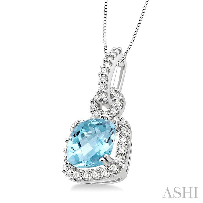 7 MM Cushion Shape Aquamarine and 3/8 Ctw Round Cut Diamond Pendant in 14K White Gold with Chain