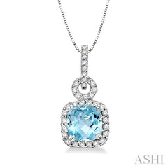 7 MM Cushion Shape Aquamarine and 3/8 Ctw Round Cut Diamond Pendant in 14K White Gold with Chain