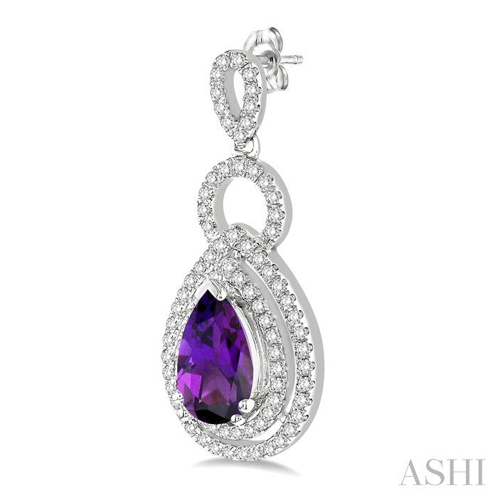 8x5 MM Pear Shape Amethyst and 1/2 Ctw Round Cut Diamond Semi-Precious Earrings in 14K White Gold
