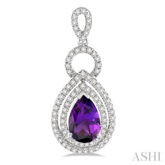 8x5 MM Pear Shape Amethyst and 1/2 Ctw Round Cut Diamond Semi-Precious Earrings in 14K White Gold