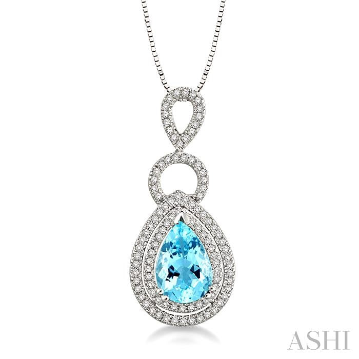 10x7 MM Pear Shape Aquamarine and 1/3 Ctw Round Cut Diamond Semi-Precious Pendant in 14K White Gold with Chain