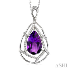 10x7 MM Pear Shape Amethyst and 1/5 Ctw Round Cut Diamond Semi-Precious Pendant in 14K White Gold with Chain