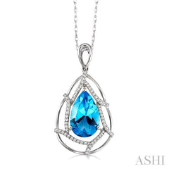 10x7 MM Pear Shape Blue Topaz and 1/5 Ctw Round Cut Diamond Semi-Precious Pendant in 14K White Gold with Chain