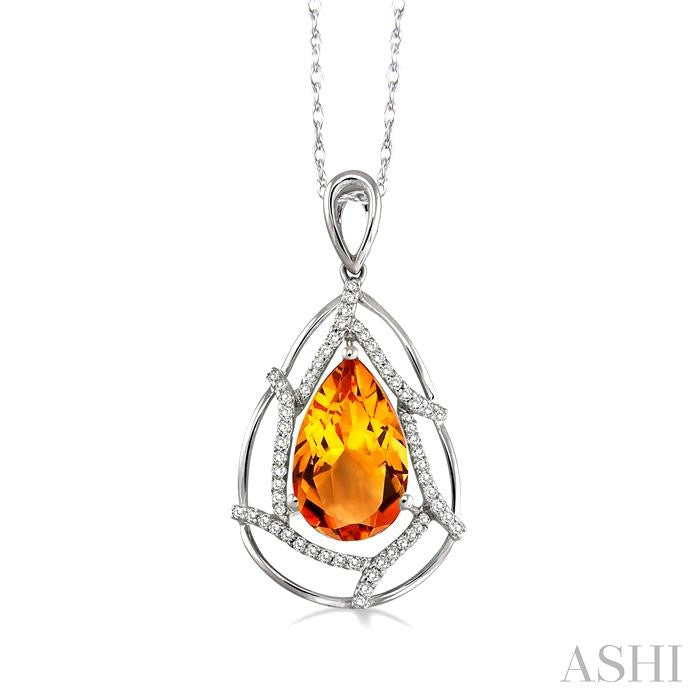 10x7 MM Pear Shape Citrine and 1/5 Ctw Round Cut Diamond Semi-Precious Pendant in 14K White Gold with Chain