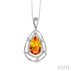 10x7 MM Pear Shape Citrine and 1/5 Ctw Round Cut Diamond Semi-Precious Pendant in 14K White Gold with Chain