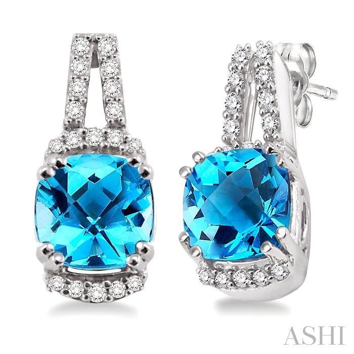 7x7 MM Cushion Shape Blue Topaz and 1/4 Ctw Round Cut Diamond Earrings in 14K White Gold