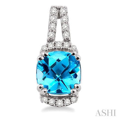 7x7 MM Cushion Shape Blue Topaz and 1/4 Ctw Round Cut Diamond Earrings in 14K White Gold