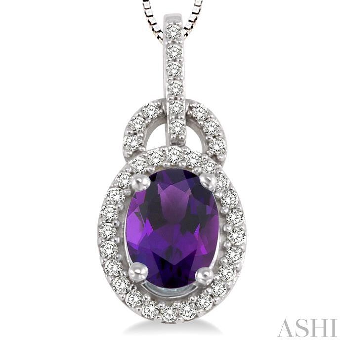 8x6 MM Oval Cut Amethyst and 1/4 Ctw Round Cut Diamond Pendant in 14K White Gold with Chain