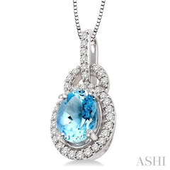 8x6 MM Oval Cut Aquamarine and 1/4 Ctw Round Cut Diamond Pendant in 14K White Gold with Chain