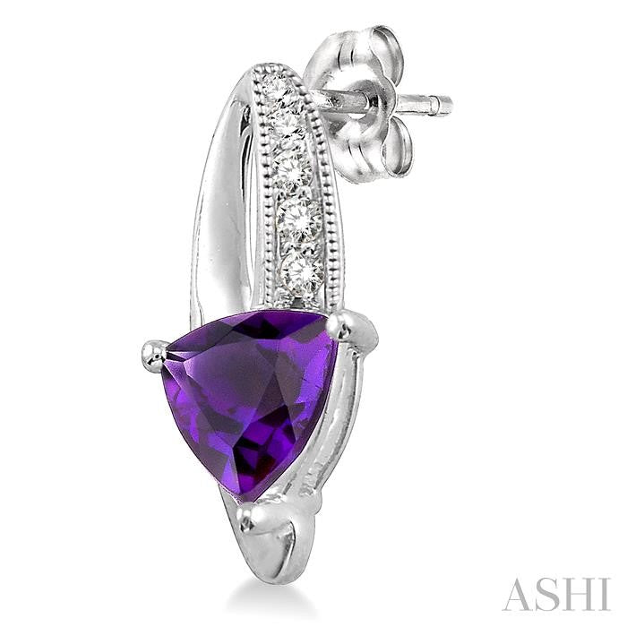 6x6 MM Trillion Cut Amethyst and 1/20 Ctw Round Cut Diamond Earrings in 10K White Gold