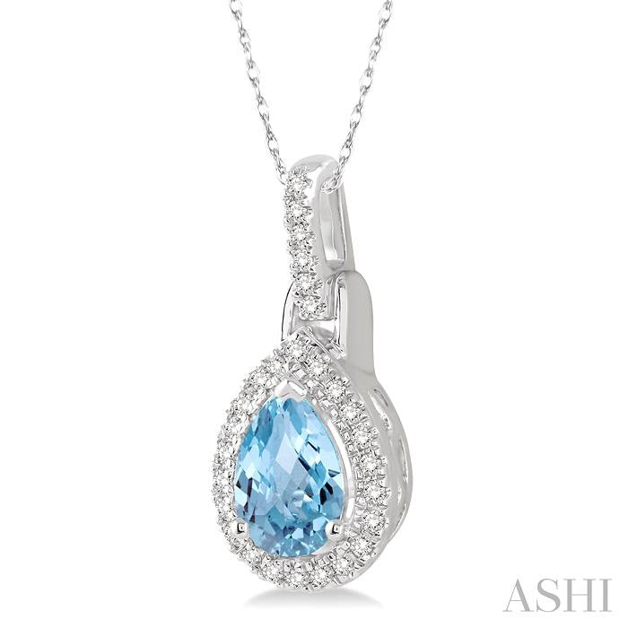 7x5 MM Pear Shape Aquamarine and 1/10 Ctw Round Cut Diamond Pendant in 14K White Gold with Chain