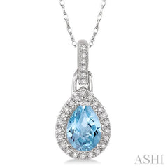 7x5 MM Pear Shape Aquamarine and 1/10 Ctw Round Cut Diamond Pendant in 14K White Gold with Chain